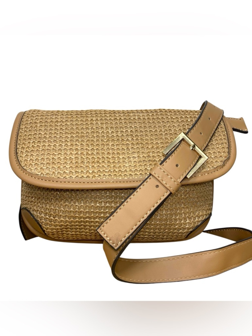 Bentley RFID Tan Straw Belt Bag Adjustable Woven Zippered Fanny Pack Travel Bag